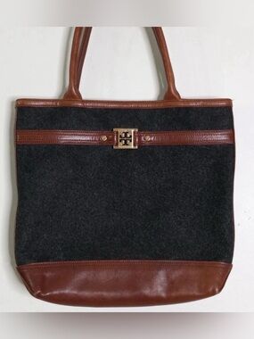 Tory Burch Ambrose Gray Wool Flannel & Leather Tote Bag